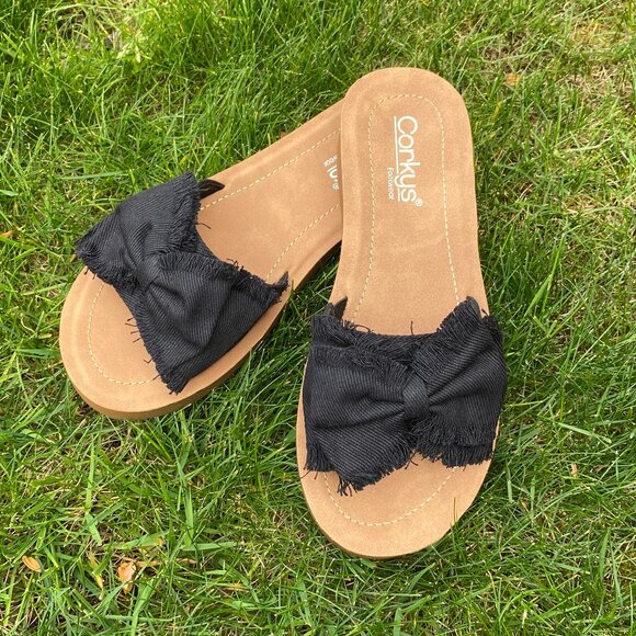 Corkys Spray Tan Sandals in Black Canvas - Picture 4 of 9